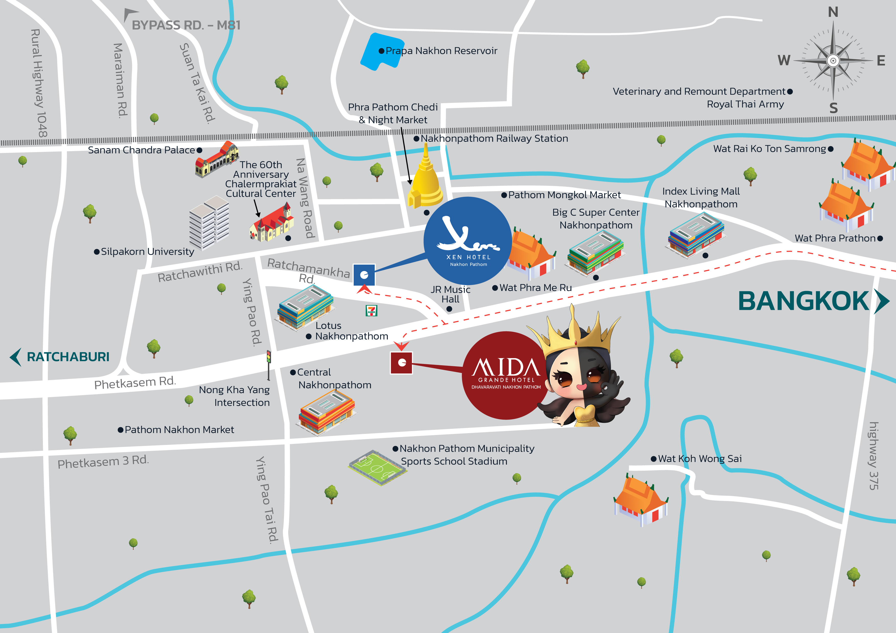 Map showing Xen Hotel Nakhon Pathom and nearby attractions